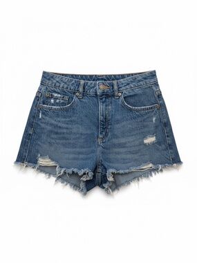 Garage Festival Distressed High Rise Mid Weight Blue Denim Cutoff Shorts